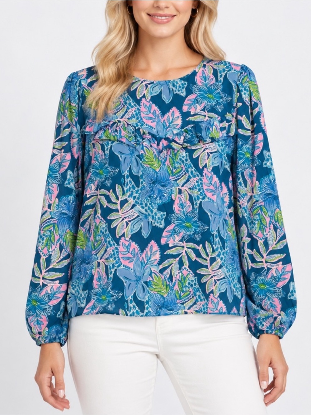 Lilly Pulitzer Bernadette Teal Pink Floral Ruffle Long Sleeve Top Size L 6144